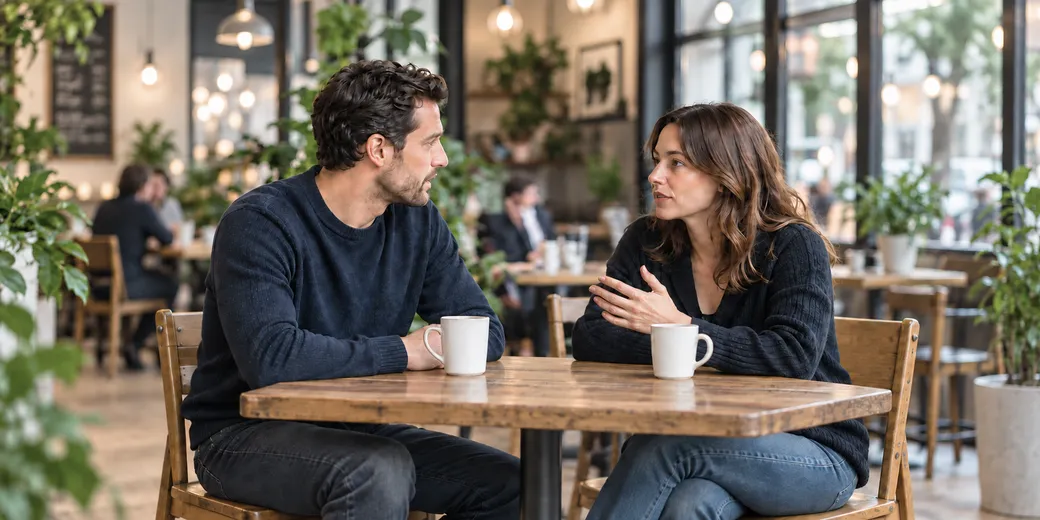 Dos personas conversando en una cafetería