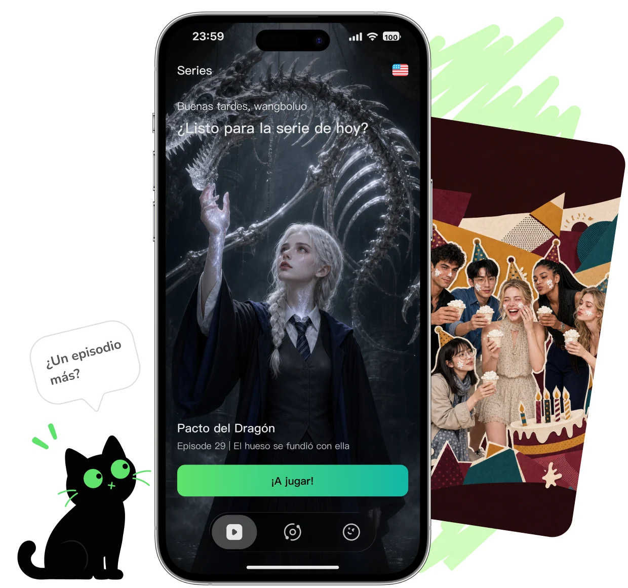 La app de Catchi en un teléfono, con una serie corta lista para reproducir